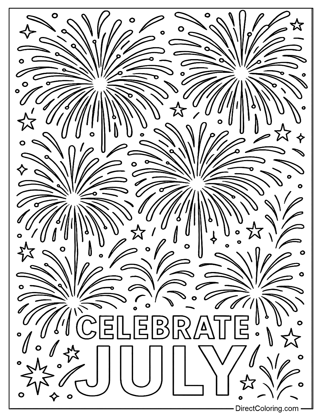 Artistic fireworks coloring page with layers of light, details, and the words 